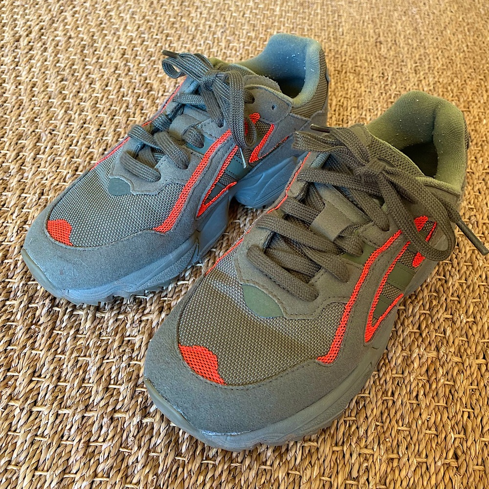 Adidas Falcon shoes, size 5. Army green with bright orange highlights. Like new!